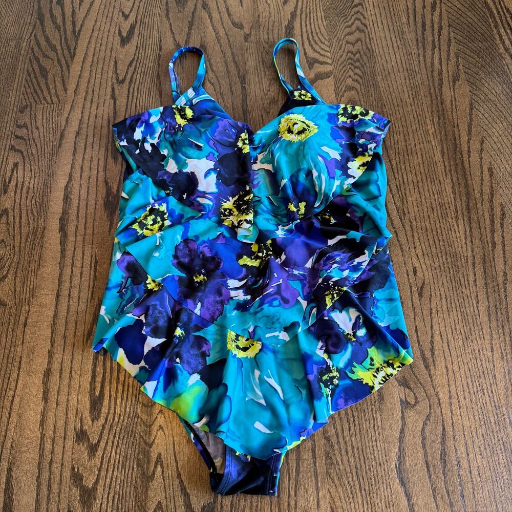 Sea & Sand Beachwear One Piece Swim Suit Blue Floral Plus Size 20W Modest